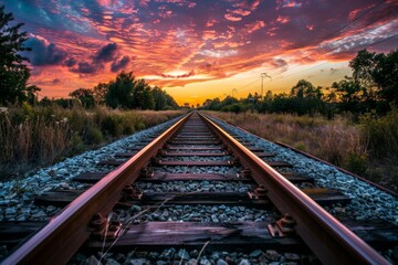 Obraz premium Railroad tracks close-up at dusk. Beautiful simple AI generated image in 4K, unique.