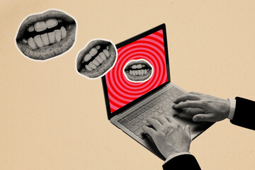 Composite collage picture image of hands typing mouth internet bullying laptop weird freak bizarre...