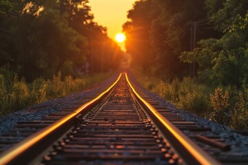 Obraz premium Railroad tracks close-up at dusk. Beautiful simple AI generated image in 4K, unique.