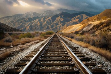Fototapeta premium Railroad tracks close-up at dusk. Beautiful simple AI generated image in 4K, unique.