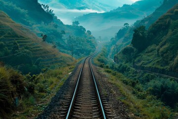 Railroad tracks close-up at dusk. Beautiful simple AI generated image in 4K, unique.