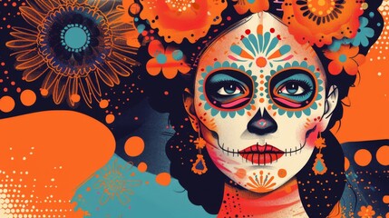 Vibrant and colorful illustration of a Day of the Dead sugar skull