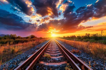 Fototapeta premium Railroad tracks close-up at dusk. Beautiful simple AI generated image in 4K, unique.