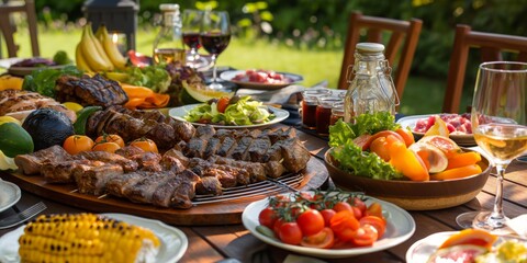 Fototapeta premium An outdoor dining setup showcasing a variety of grilled meats, fresh salads, and vibrant vegetables on a sunlit garden table
