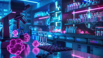 A futuristic medical laboratory examining micro and macro aspects of intestinal cancer cells, using neon lighting to highlight critical features for research and diagnosis