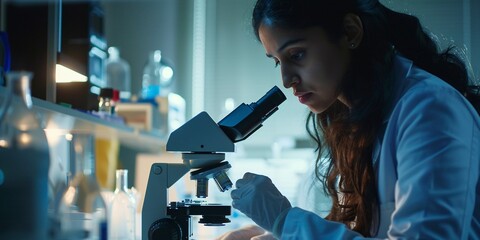Cutting-edge technology and scientific exploration in a laboratory setting, featuring a female researcher and a young Indian scientist focusing on advancements in healthcare and pharmaceuticals.
