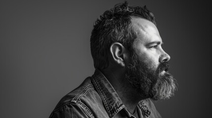 An image of a bearded man wearing a denim shirt in black and white in profile.