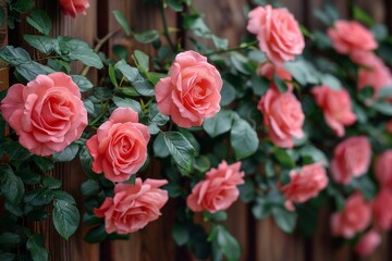 Beautiful close-up of vibrant pink roses blooming against a rustic wooden fence, showcasing the contrast between nature and man-made structures