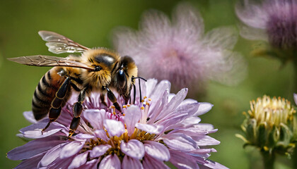 Honey bee gathering pollen in a field