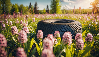 Summer tires on a blooming meadow under the sun. Time for summer tire.