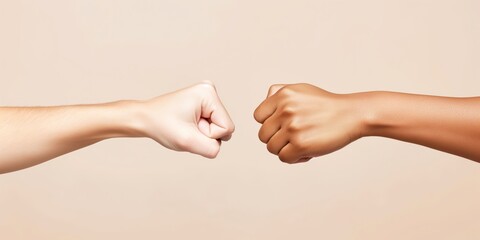 Two hands of diverse skin tones engaging in a fist bump convey a message of unity, partnership, and diversity, suitable for concepts of teamwork and agreement