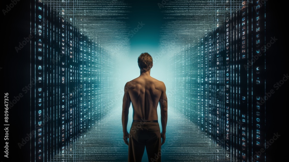 Aufkleber A binary code sequence morphing into a human figure, representing the blurring boundaries between the digital and physical realms.