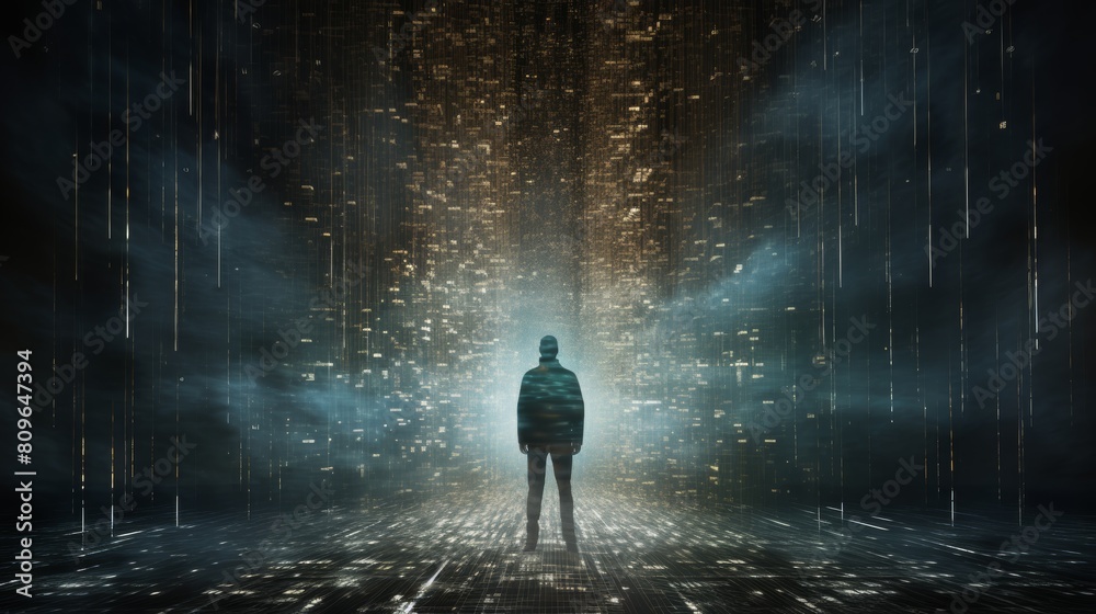 Poster A binary code sequence morphing into a human figure, representing the blurring boundaries between the digital and physical realms.