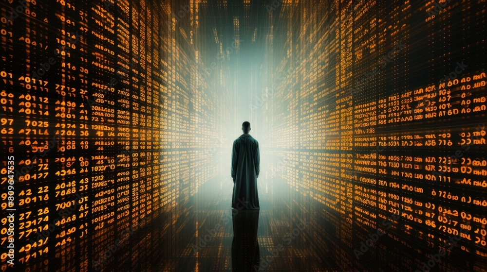 Aufkleber A binary code sequence morphing into a human figure, representing the blurring boundaries between the digital and physical realms.