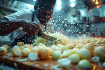 Dynamic capture of chopped onions being vigorously diced on a chopping board