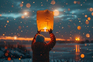 An individual launches a luminous sky lantern into a starry night sky with warm festive lights
