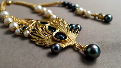 peacock style necklace with black pearl, Exquisite high end pearl necklace and earring.