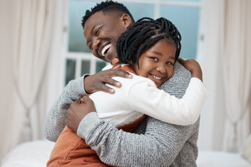 Obraz premium Dad, girl and smile with hug in bedroom for bonding, love and trust with support for child development. Black people, parent and kids in home with smile or laugh for comfort and safety for bedtime