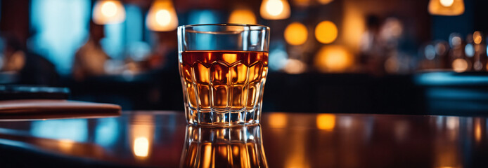 A glass of malt scotch whisky with ice cubes on a wooden table.