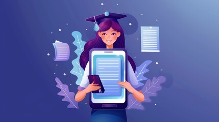 In this image, a girl is seen holding a smartphone and pressing on the certificate (diploma) icon. The concept of online education is shown.