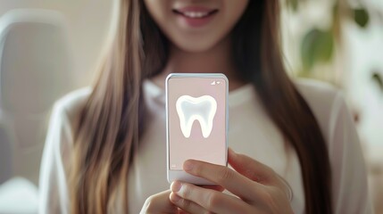 Image of a girl with a smartphone in her hand. She presses on the tooth icon. She searches for dentists and dental services.