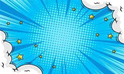 Fotobehang Pop Art Pop art comic background with cloud and star. Cartoon Vector Illustration on blue  © anggi wibisono
