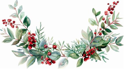 An elegant watercolor Christmas wreath with branches of boxwood decorated with red berries and snowberries.