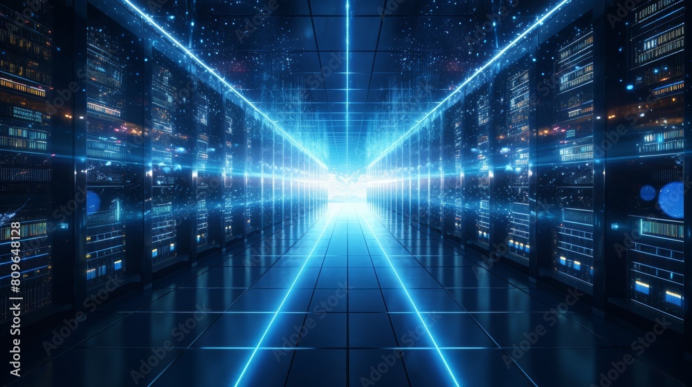 Poster A bustling data center filled with rows upon rows of servers, their lights blinking in a mesmerizing rhythm.