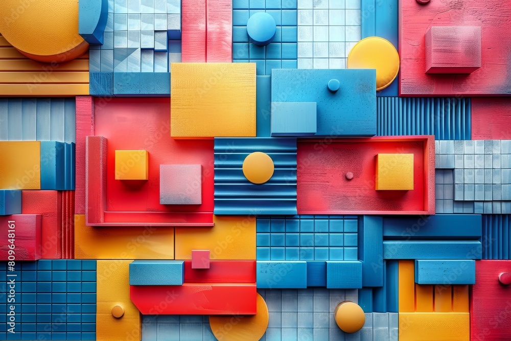 Poster a photo showcasing an arrangement of colorful abstract blocks and shapes creating a dynamic and mode