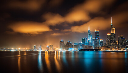 City Skyline at night with long exposure and a river view.