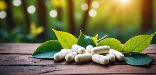 White pills next to green leaves on a wooden table.
