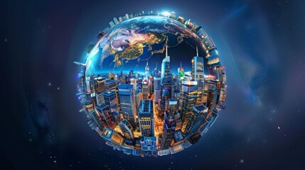 A bustling global business hub on a rotating blue planet, 