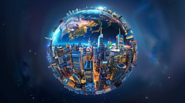 A bustling global business hub on a rotating blue planet,  - Powered by Adobe