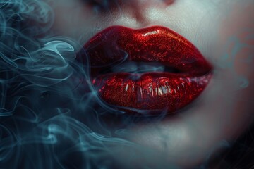 Close up of a person's lips coated in sparkling red glitter with smoke gently drifting, evoking passion and allure