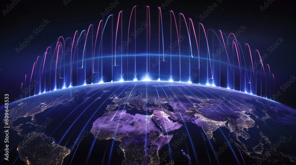Poster a captivating artwork depicting 5g signals pulsating across the earth, reminiscent of a heartbeat sy