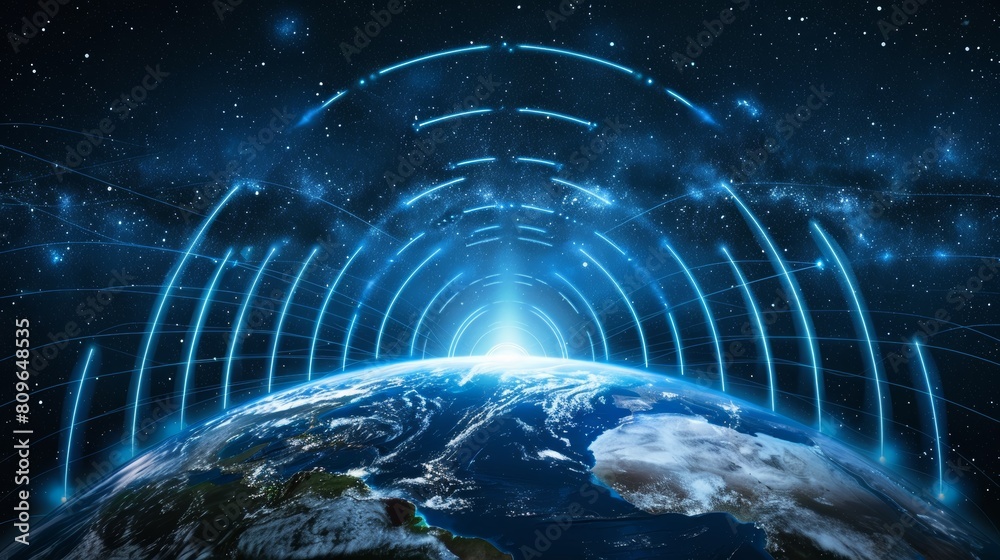 Poster a captivating artwork depicting 5g signals pulsating across the earth, reminiscent of a heartbeat sy