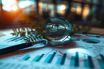 Business audit stock financial finance management on analysis data strategy with magnifying glass, magnifying glass on paper, AI generated