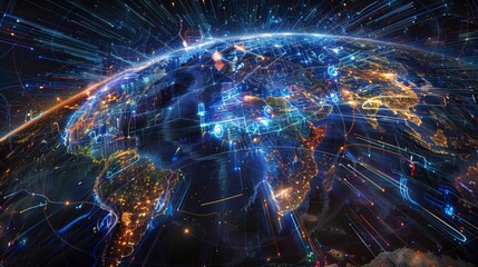 A captivating artwork depicting 5G signals radiating from major cities across the world, showcasing the hubs of global connectivity.