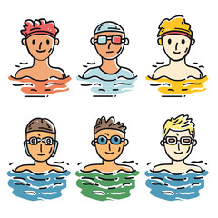 Six cartoon swimmers heads above water, different swimwear accessories. Diverse group swimmers wearing goggles, caps, varying hairstyles expressions. Colorful swimmer characters displayed against