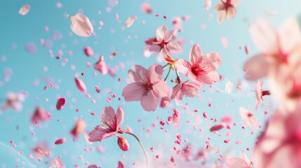 A captivating close-up of cherry blossom petals dancing in the gentle breeze, their ethereal beauty accentuated against a clear blue sky.