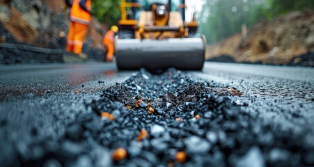 Naklejka premium New Asphalt Road Construction. Road Workers and Construction Machinery on the Construction Site