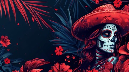 Vibrant and colorful illustration of a Day of the Dead sugar skull