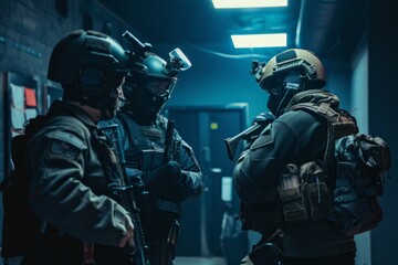 Hostage negotiators de-escalating a tense situation as a group of soldiers stands in a hallway.