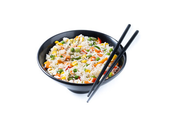 White fried rice with vegetables in a black bowl isolated on white background