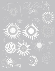 Sun graphics symbols astrology tarot cute cartoon coloring tattoo set separately on a white background stars space boho horoscope