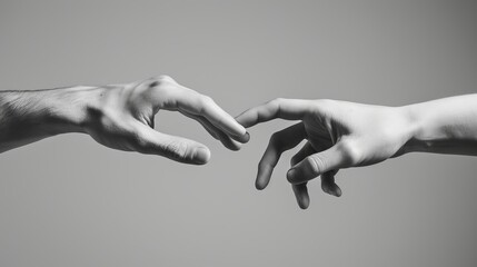 Two hands connect in black and white.