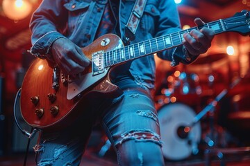 Naklejka premium Dynamic image of a musician's hands playing an electric guitar on stage with vibrant lighting