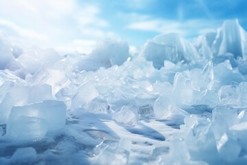 Crystalline Beauty. A Close-Up Of Ice Chunks Gleaming Under A Brilliant Blue Sky. Generative AI