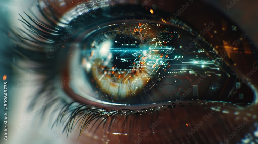 Poster a close-up photo of a cybernetic eye with a holographic display projecting a virtual interface, high