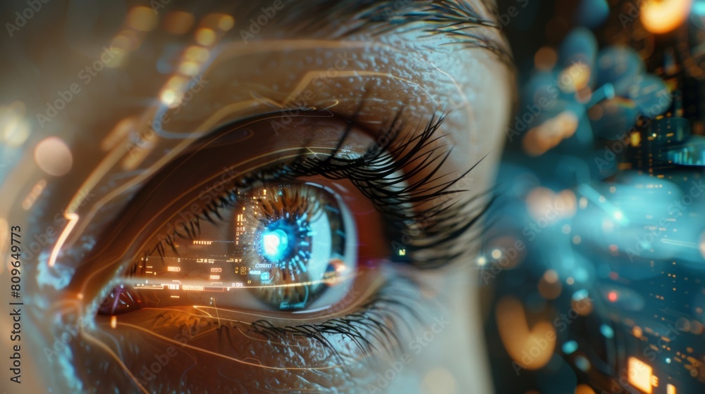 Poster a close-up photo of a cybernetic eye with a holographic display projecting a virtual interface, high